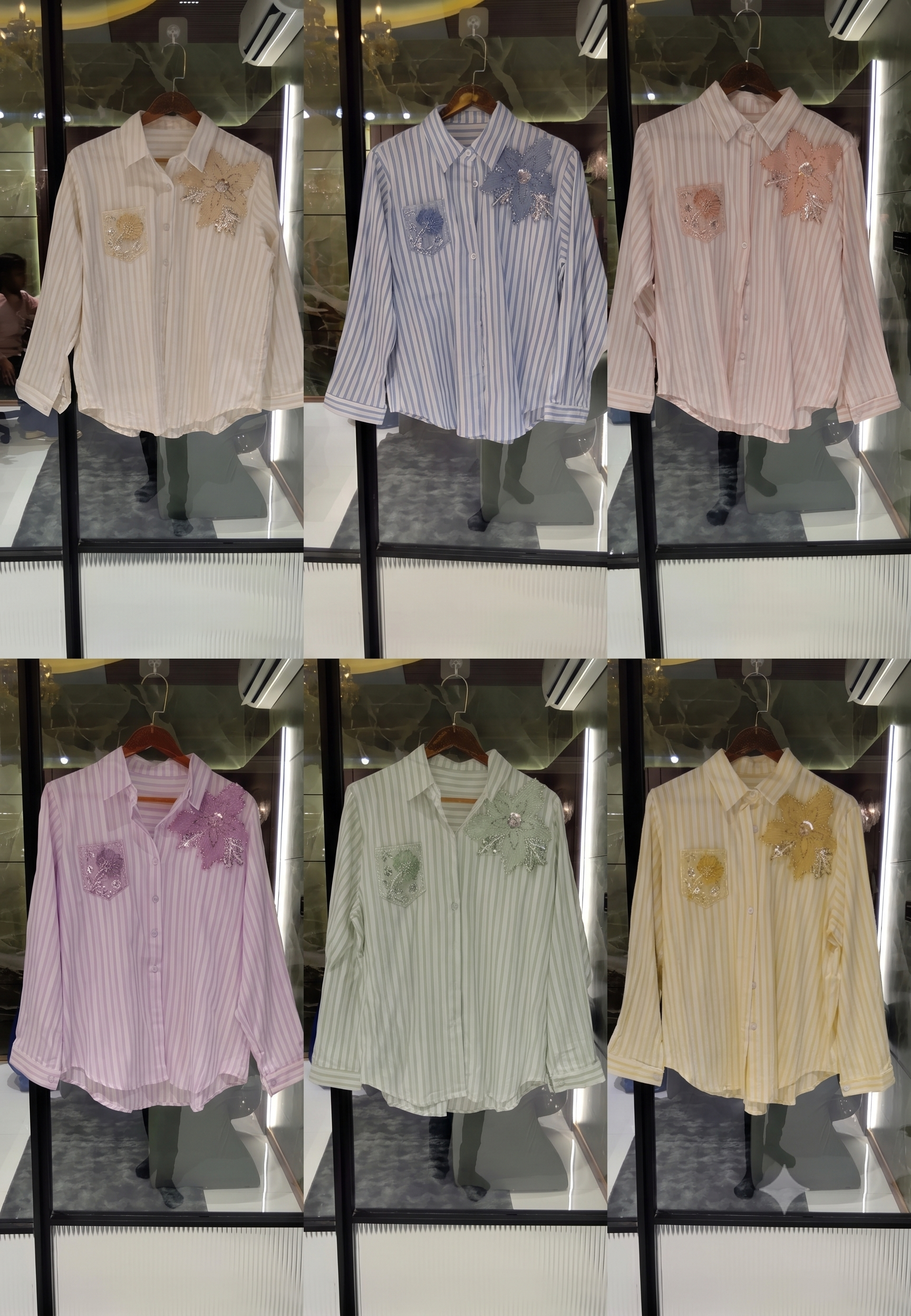 Classic Vertical Stripe Floral Pop Motif Imported Shirt- 15072