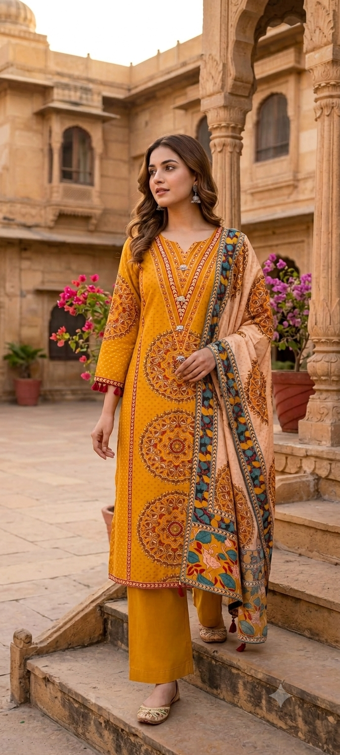 Ajrakh Print Russian Silk A-Line Full Suit Set With Dupatta