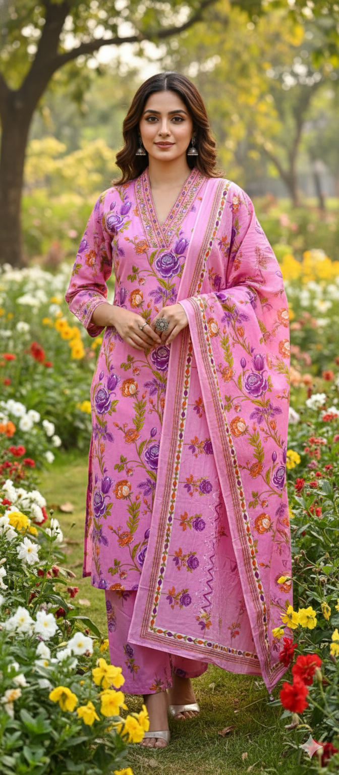 Floral Elegance Complete Printed Cotton Full Suit Set With Dupatta- 13372