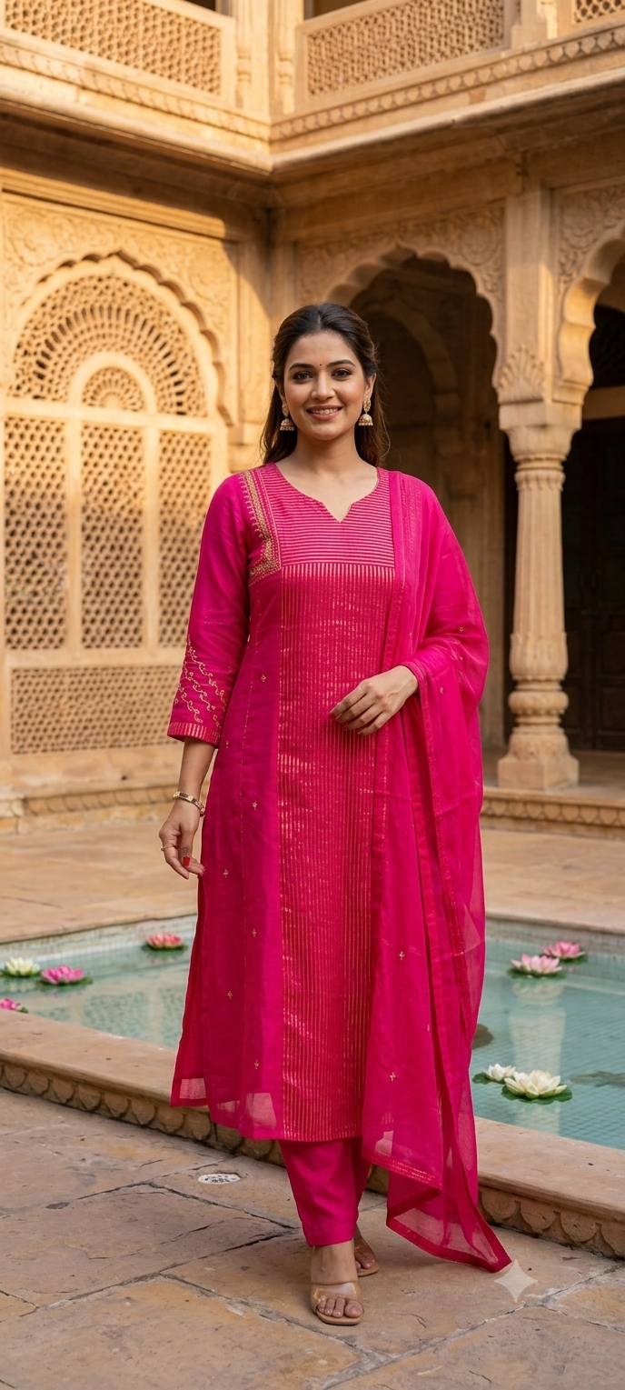 Banarasi Mul Chanderi Golden Striped Zardosi Embroidered A-Line Full Suit Set With Matching Dupatta- 15803 Dispatching After 15 Days