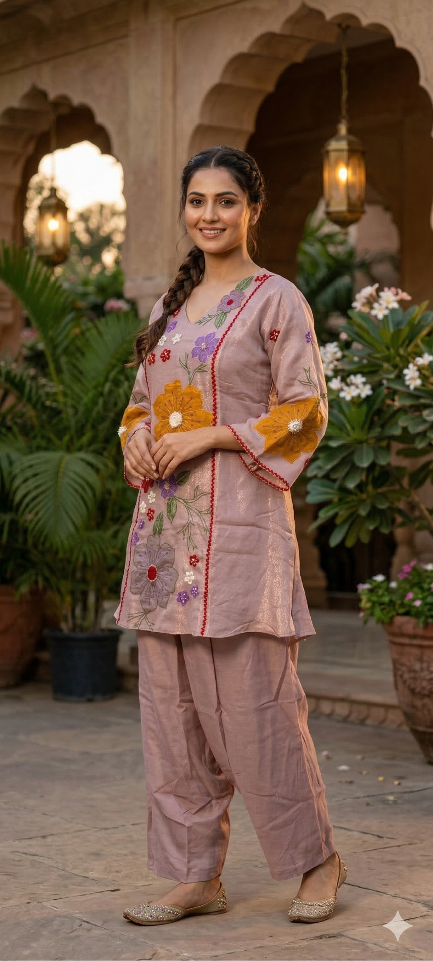 Luxury Shimmer Tissue Hand Embroidered Kurta with Palazzo Set-13812