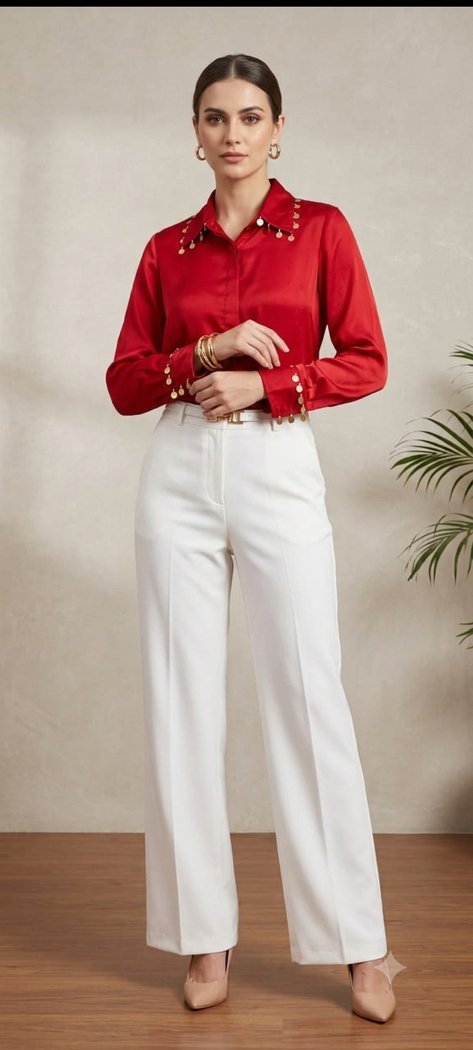 Elegant Crimson Satin Shirt with Gold Coin Embellishments- 14783