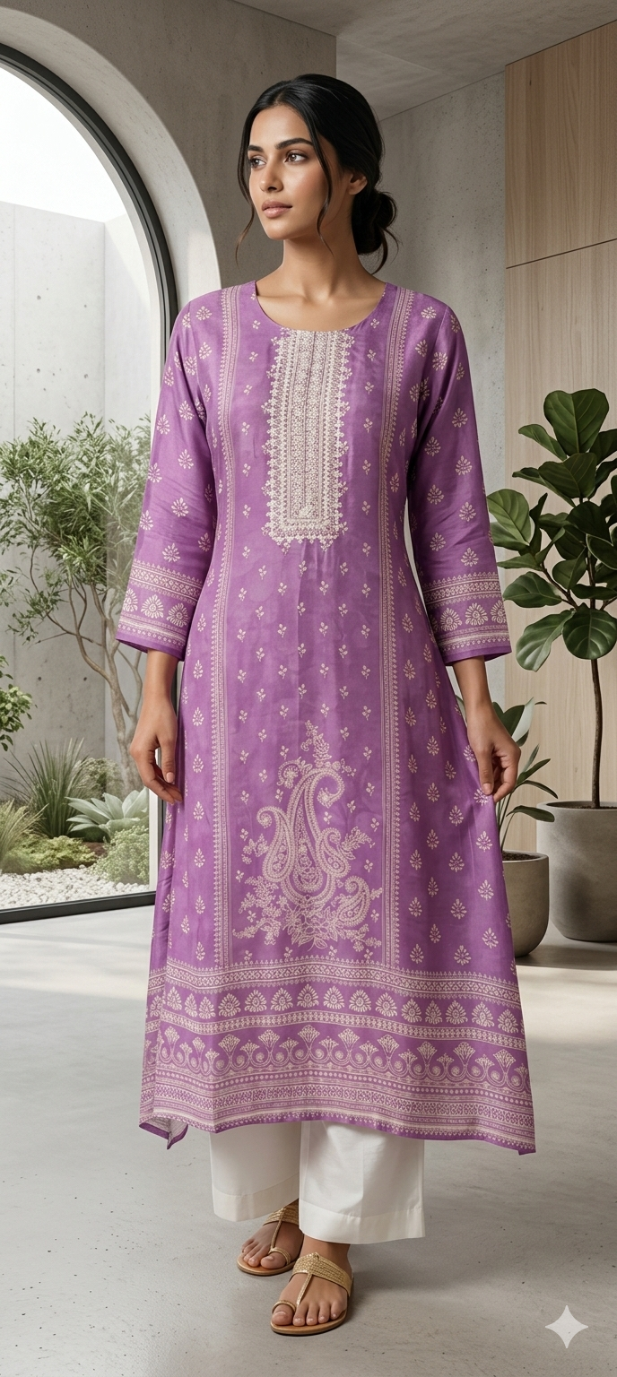 Placement Printed Beautiful Front Yoke Neckline A-Line Muslin Kurti Only