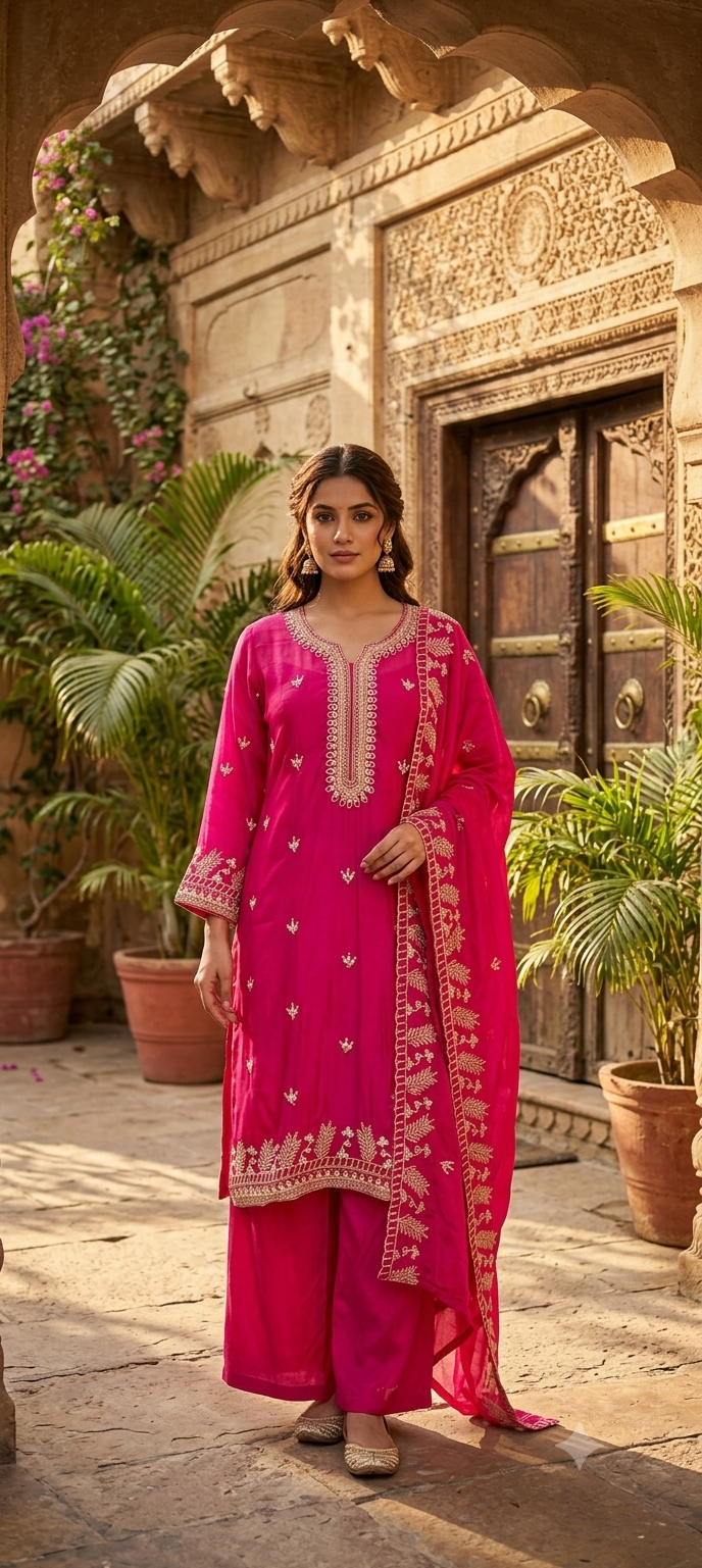 Fine Thread Embroidery With Sequin Upwork Single Shade Full Suit Set With Dupatta- 15553