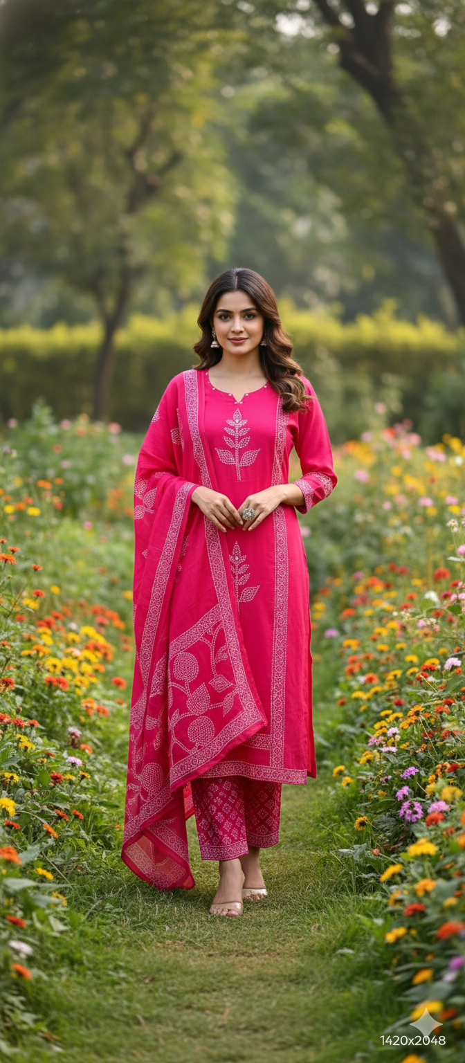 Vibrant Tone Dotted Printed Full Suit Set With Dupatta In Cotton Fabric- 13283