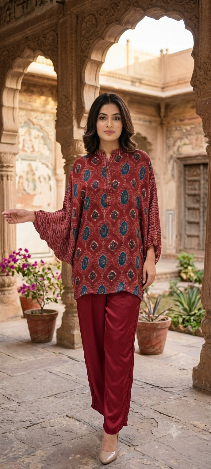 Oversized Abstract Linear Print Unqiue Look Kaftan Style Pure Crepe Co-Ord Set- 15632
