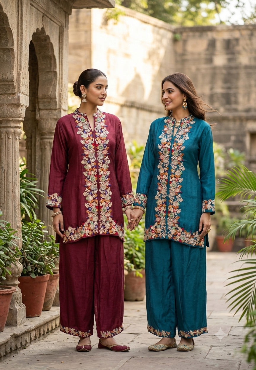 Bhomeian Bold Shade Intricate Embroidery Vibrant Chinon Co-Ord Set- 15243