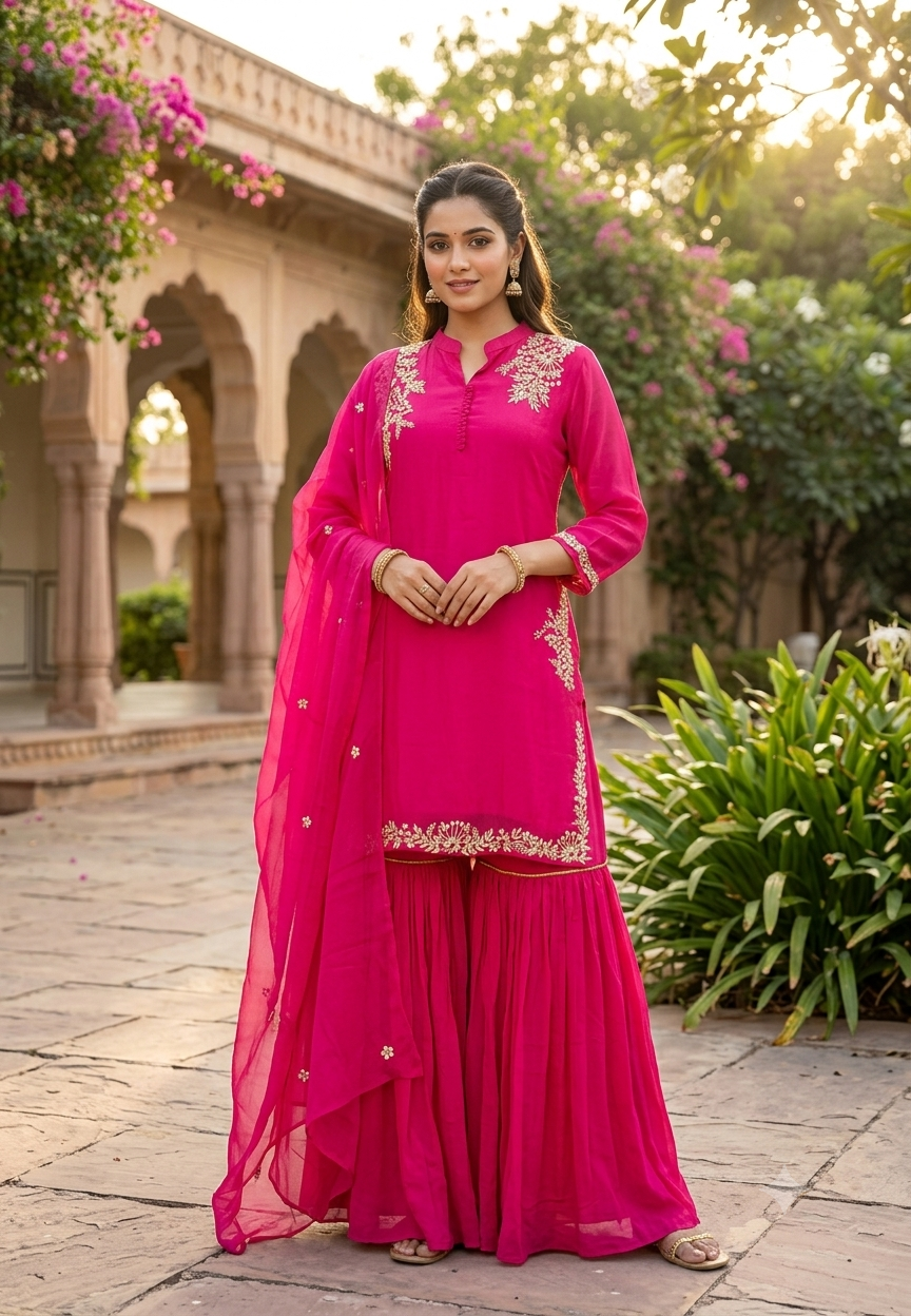 Vibrant Fuschia Golden Intricate Embroidery Work Sharara Bottom Crepe Full Suit Set With Dupatta- RB1995