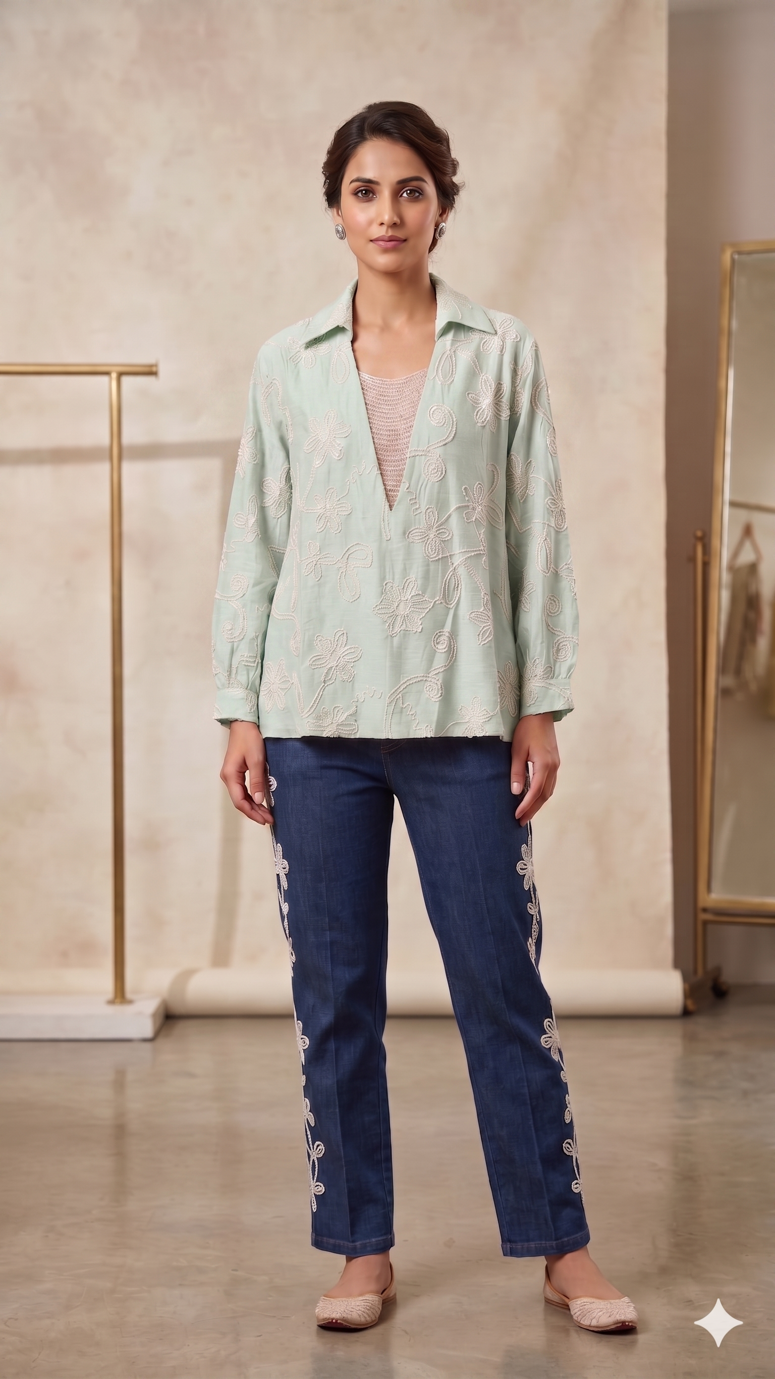 Imported Butter Sheer Embroidered Jewel Stone Hangs Premium Western Tops- 14764