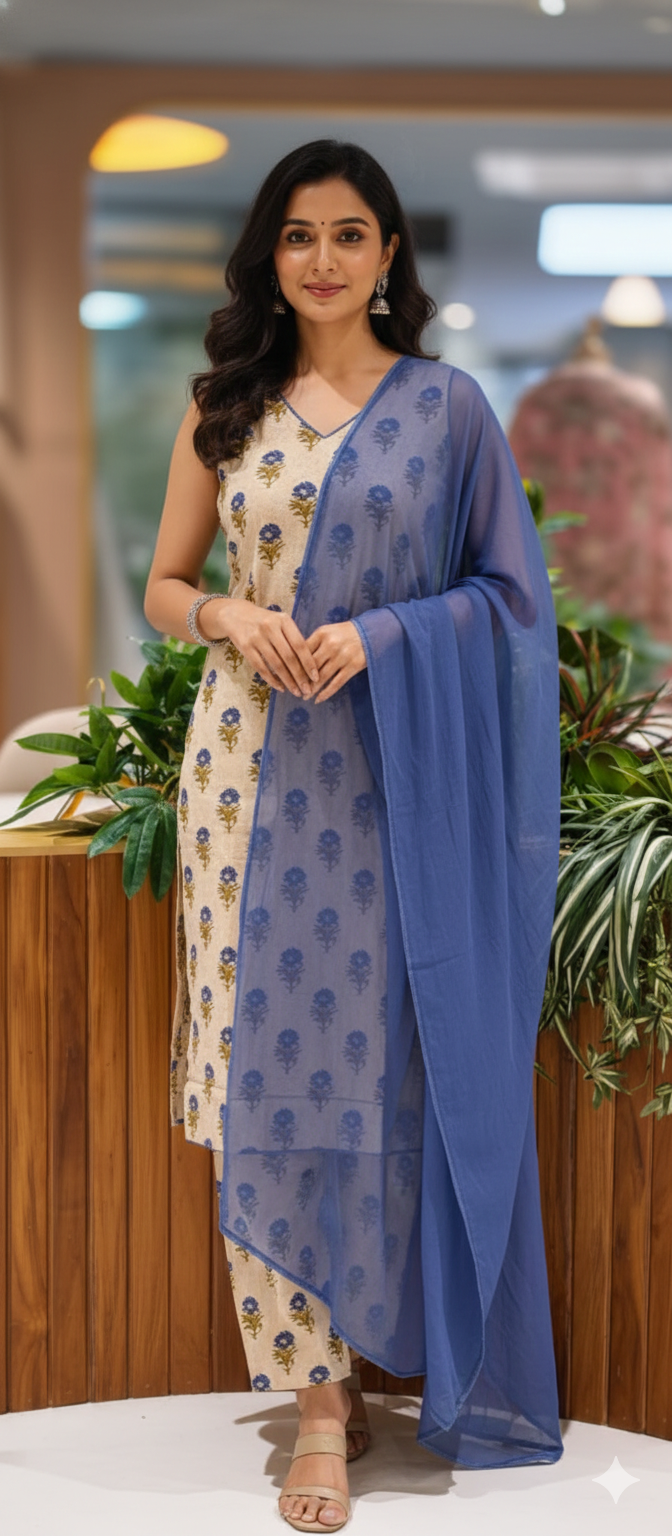 Beautiful Floral Printed Sleeveless Full Suit Set With Solid Dupatta In Cotton Fabric-13433