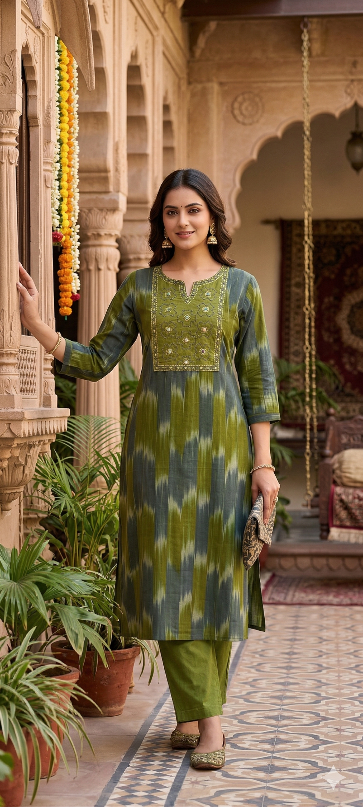 Ikkat Inspired Summer Wear Cotton Kurta Pant Set With Mirror Touch In Yoke  RB111-14032