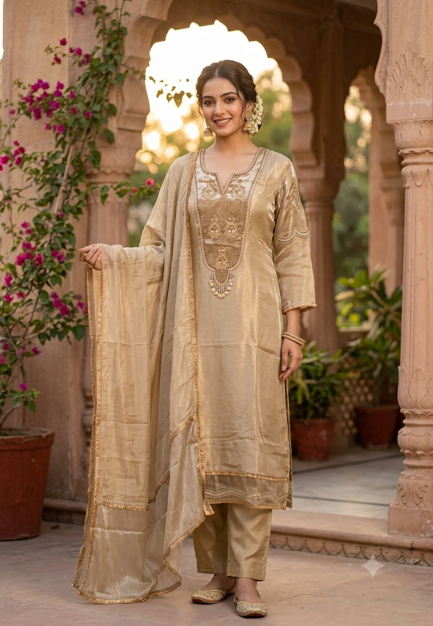 Premium Tissue Silk Embroidered Full Suit Set with Intricate Neckline & Lace Detailing 16781