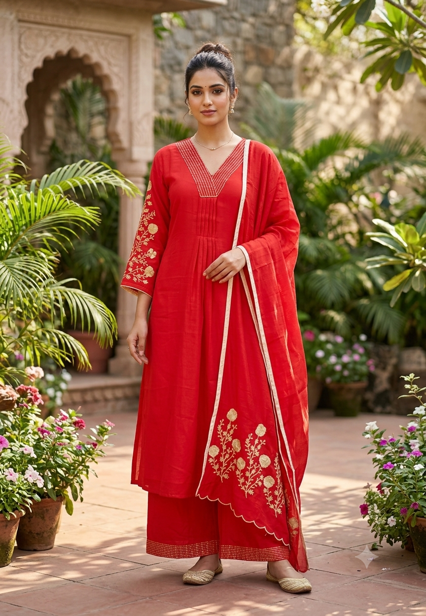 Thread Embroidered Sleeves V-Neck Green Red Shade Surat Mul-Chanderi Aline Full Suit Set- 16629 16630
