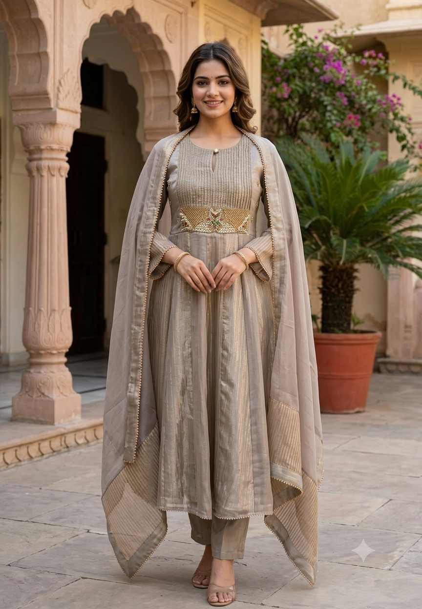 Rich Jewel Kundan Look Pleated Yoke Premium Tissue Anarkali Full Suit Set With Dupatta- 16812