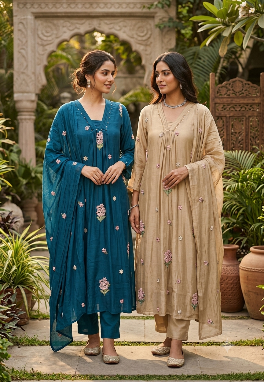 Very Suttle Cute Floral Cut-Dana Embroideries Pleated A-Line Surat Mul-Chanderi Full Suit Set With Dupatta- 16037