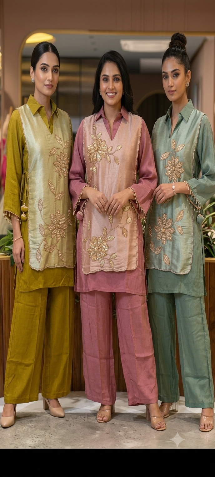 Tissue Fabric Embroidered Flap on Top Collar Style Co-Ord Set- 16764