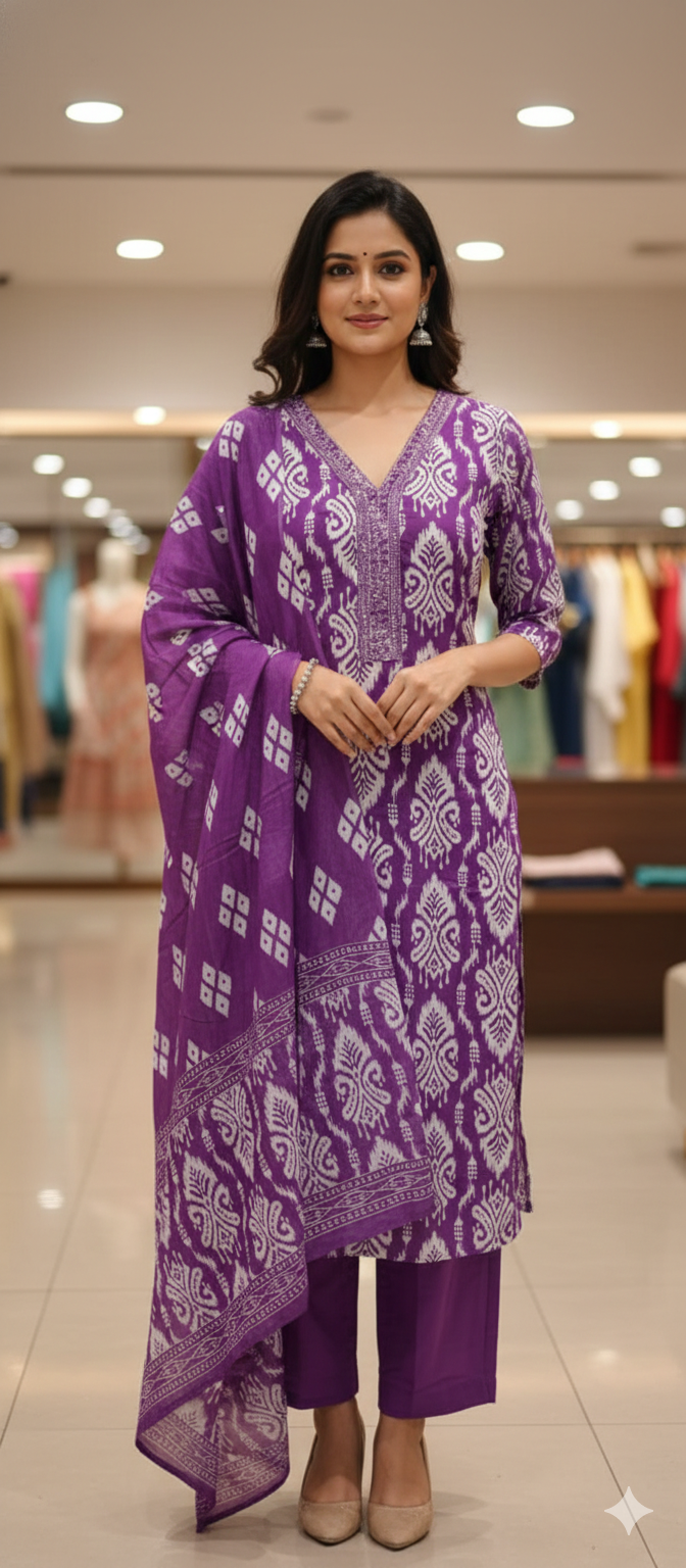 Linear Abstract Print Thread Embroidered Neck Line Cotton Full Suit Set With Dupatta