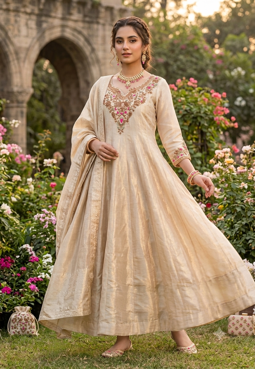 Opulent Tissue Silk Anarkali Suit with Multi-Color Zardozi and Pink Floral Embroidery- 16586