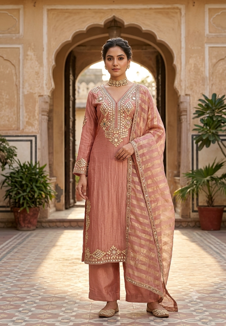 Heavy Premium Tissue Real Mirror Hand Embroidery Heavy Party Wear Full Suit Set With Striped Dupatta- 16867