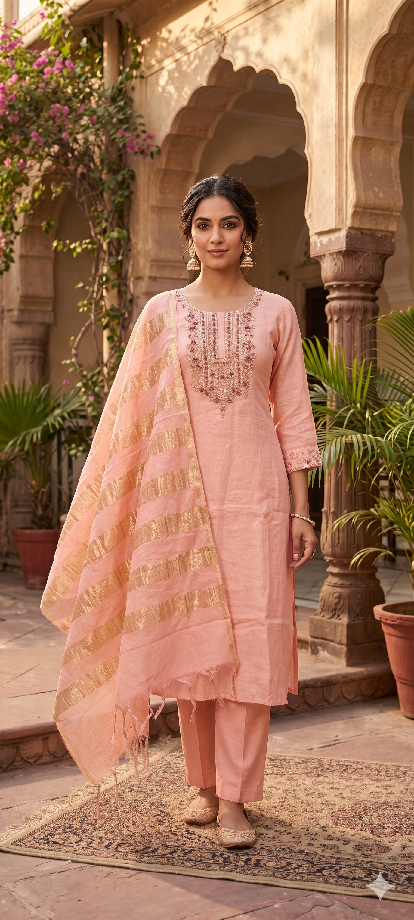 Pure Banarasi Mul Chanderi Suit Set with Handcrafted Zari Embroidery, Elegant Straight Silhouette & Luxe Gold Striped Dupatta-14313 RB261