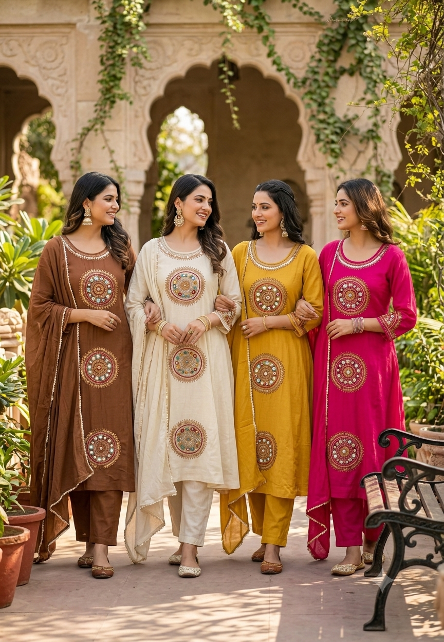 Heritage Intricate Mirror Tribal-Inspired Embroidery and Artisan Detailing Mul-Chanderi A-line Full Suit Set With Dupatta-16109