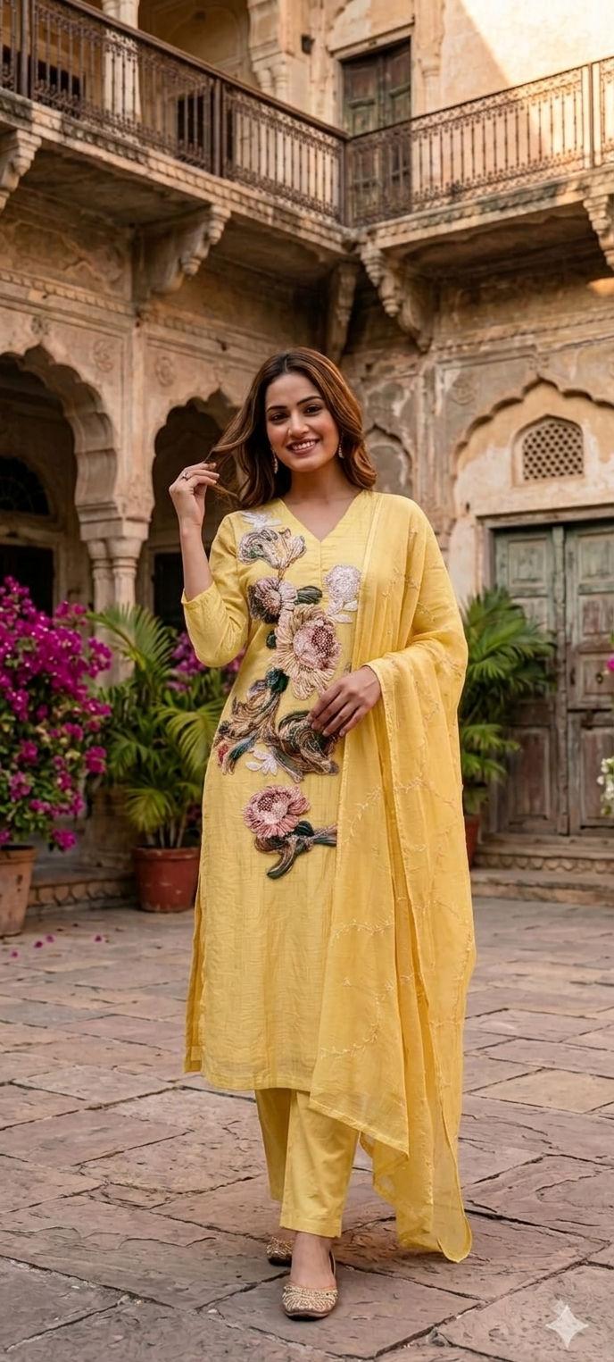 Pastel Graceful Yellow 3D Floral Popped Work Premium Imported Full Suit Set With Dupatta- 15214