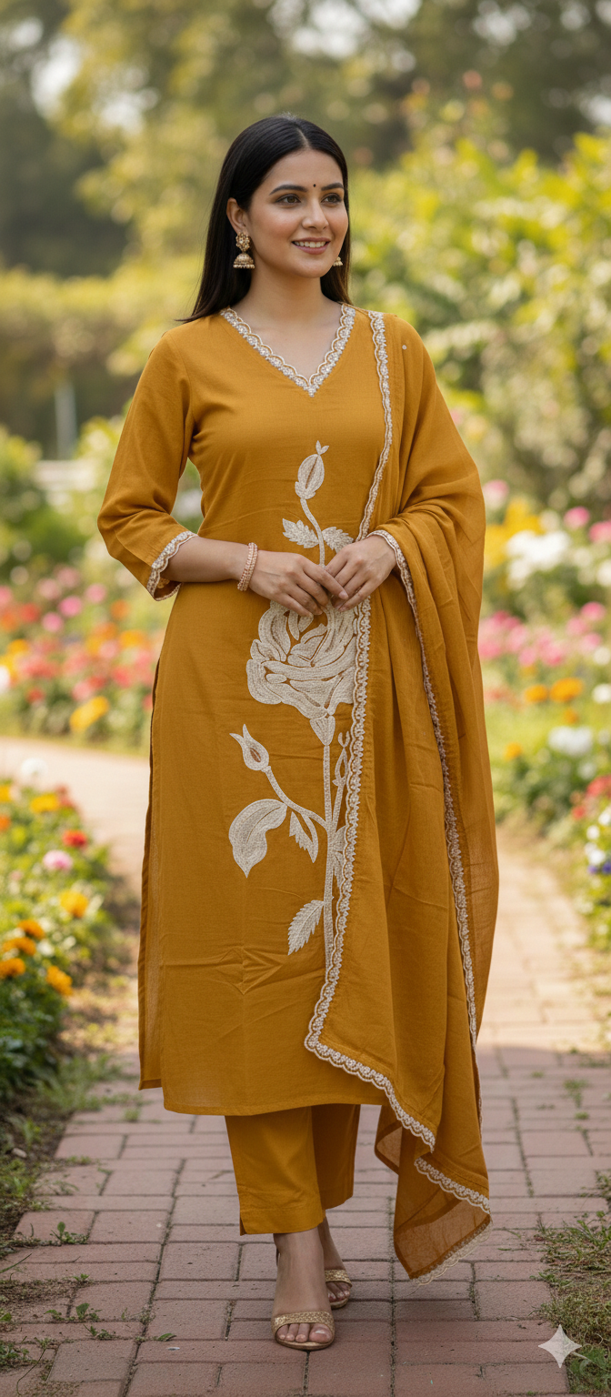Summer Special Embroidered Floral Kurta Set with Matching Pants & Soft Dupatta