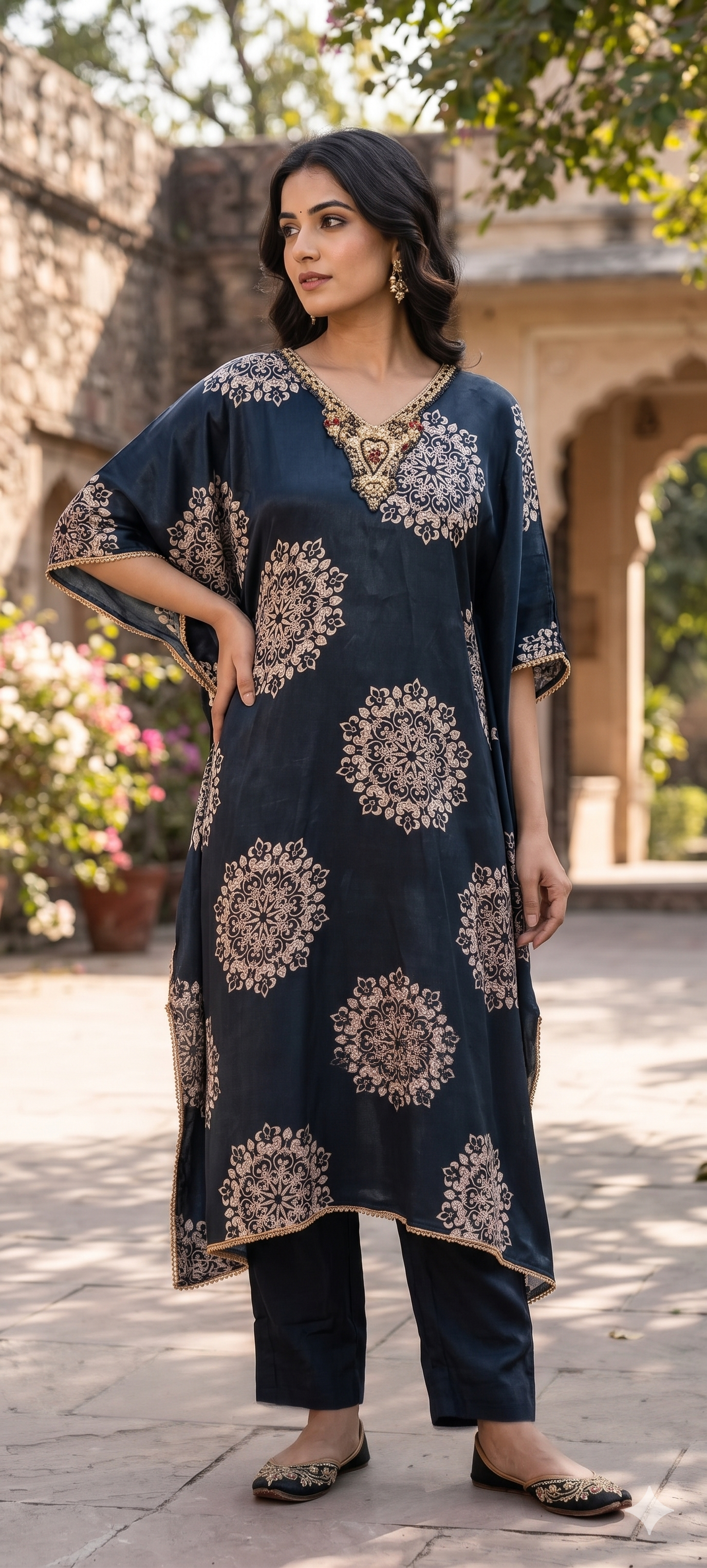 Rounded Floral Block Prints Zardosi Neckline Kaftan With Bottom In Crepe Fabric
