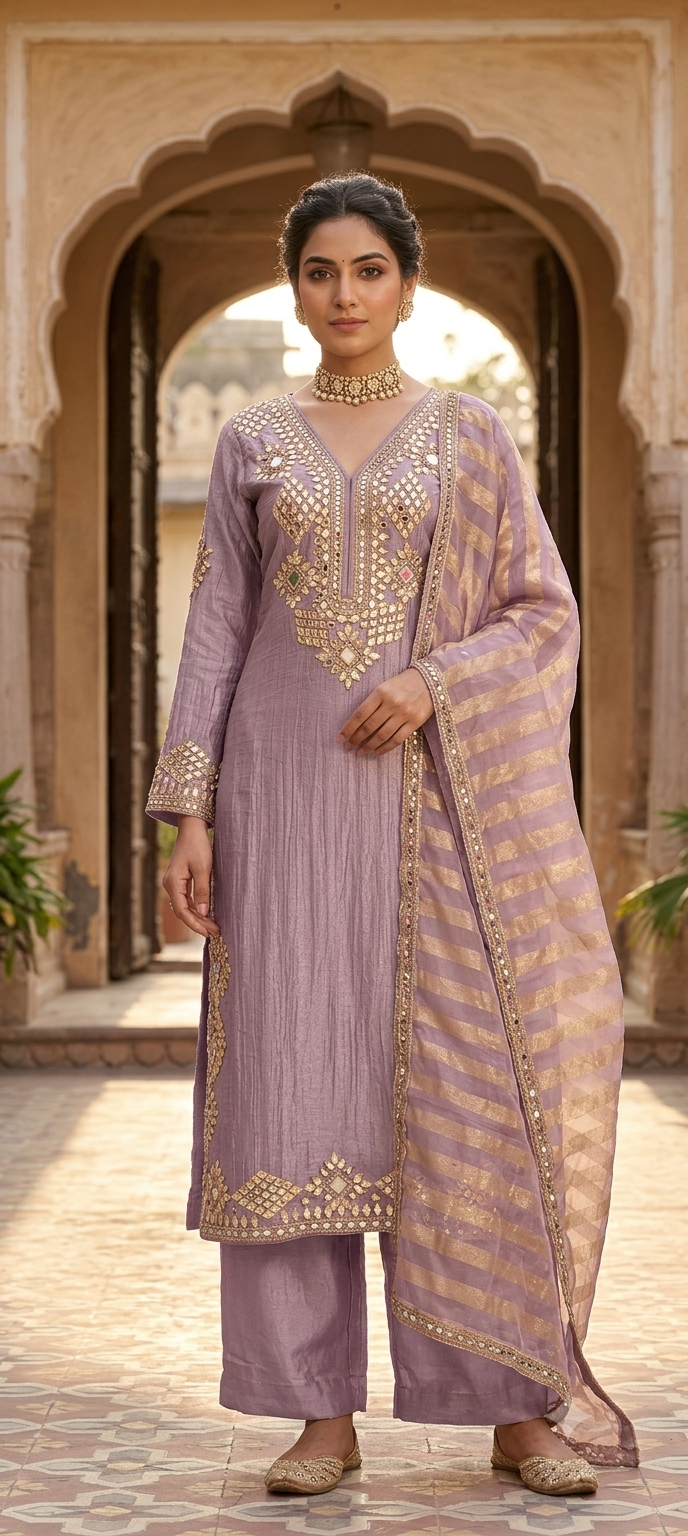 Heavy Premium Tissue Real Mirror Hand Embroidery Heavy Party Wear Full Suit Set With Striped Dupatta- 16867