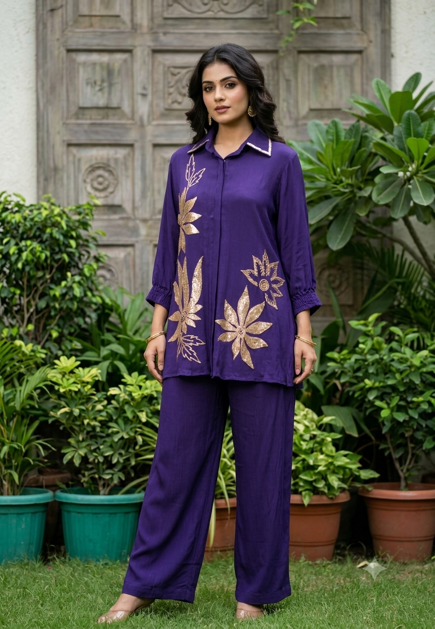 Designer Sequence Leaf Inspired Embroidered Chinon Stylish Co-Ord Set- 16753
