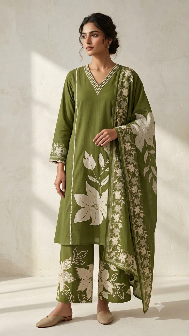 Nature Inspired Minimal V-Neckline Leafy Embroidered Cotton Full Suit Set With Dupatta- 14792