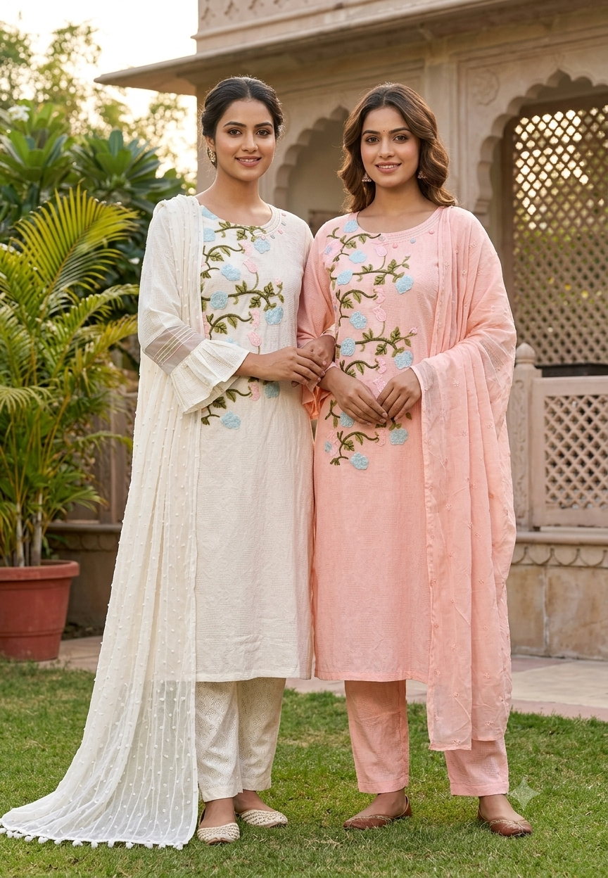 Spring Floral Fine Embroidered Pure White Premium Imported Fabric Full Suit Set With Dupatta- 15194