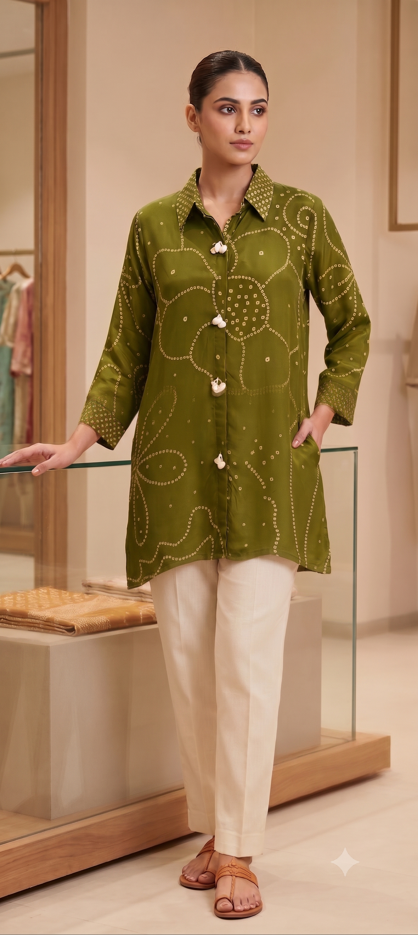 Bandhani Print Shell Tassel Rangoli Bird Back Print Crepe Shirt- 15111