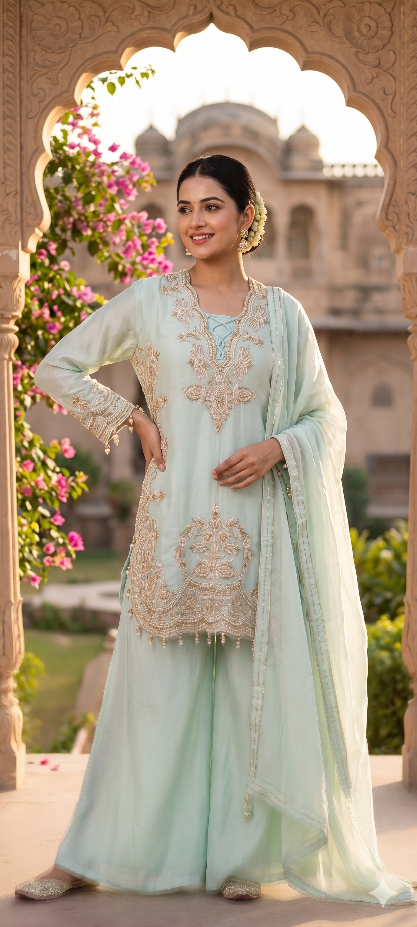 Luxury Designer Embroidered Pakistani Style Kurta Palazzo Set with Dupatta-14887