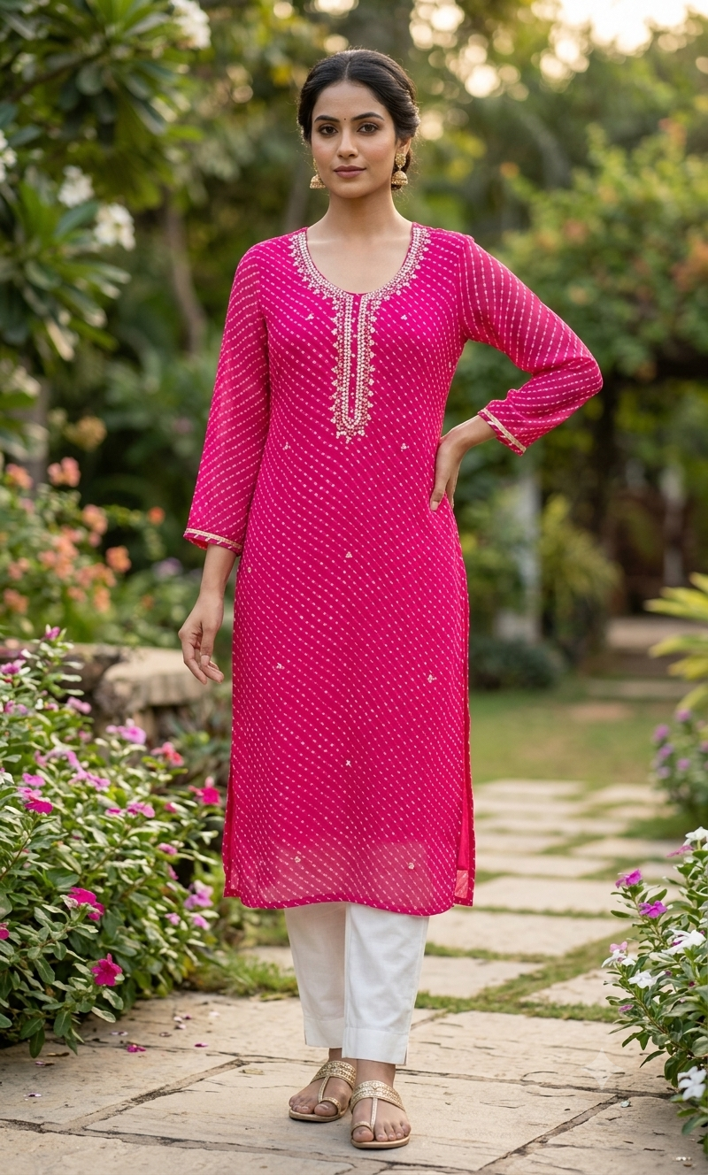 Vibrant Pink Elegant Buti Lined Hand Embroidered Yoke Lehriya Georgette Kurti Only- 15490