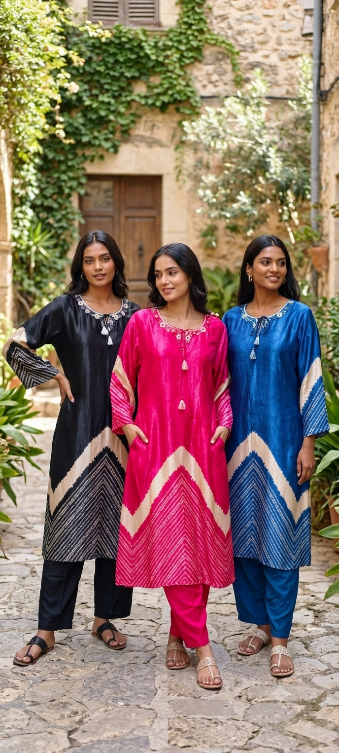 Gajji Silk Blend Dual-Tone Shibori Tie-Dye Kurta Pant Set with Intricate Neck Embroidery- 15738