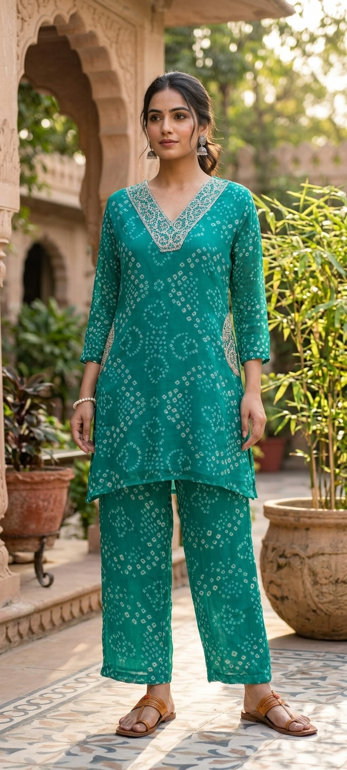 Beautiful Machine Zari Embroidered Bandhej Print Chinon Co-Ord Set- 15481