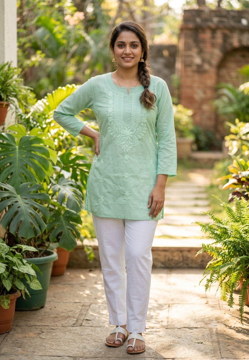 Flawless Green Chikankari Thread Embroidered Cotton Kurti Only- 15872