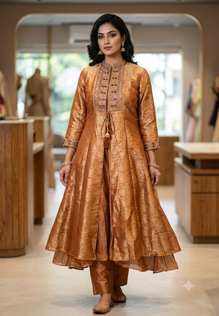 Copper-Gold Embellished Neckline & Cuff Sheer Layered Tissue Kurta Pant Set- 16742