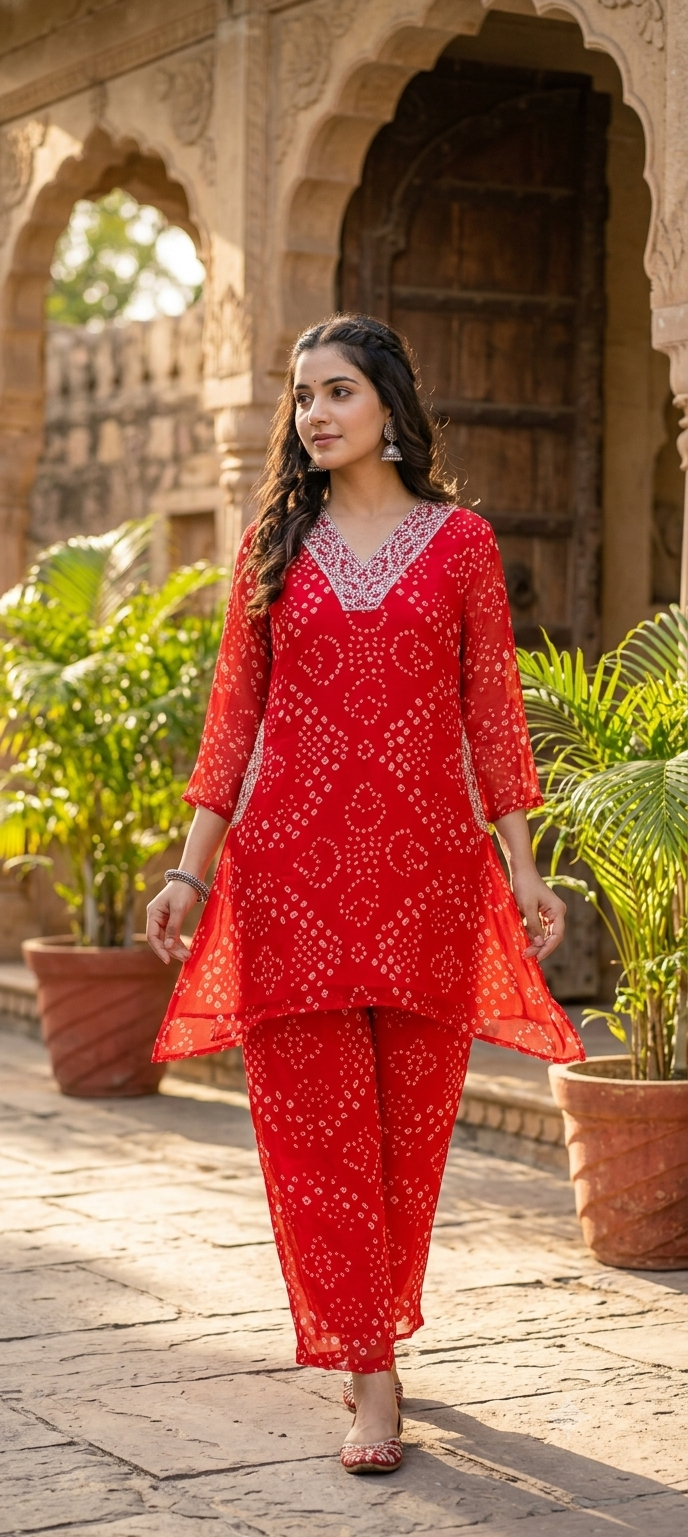 Beautiful Machine Zari Embroidered Bandhej Print Chinon Co-Ord Set- 15481