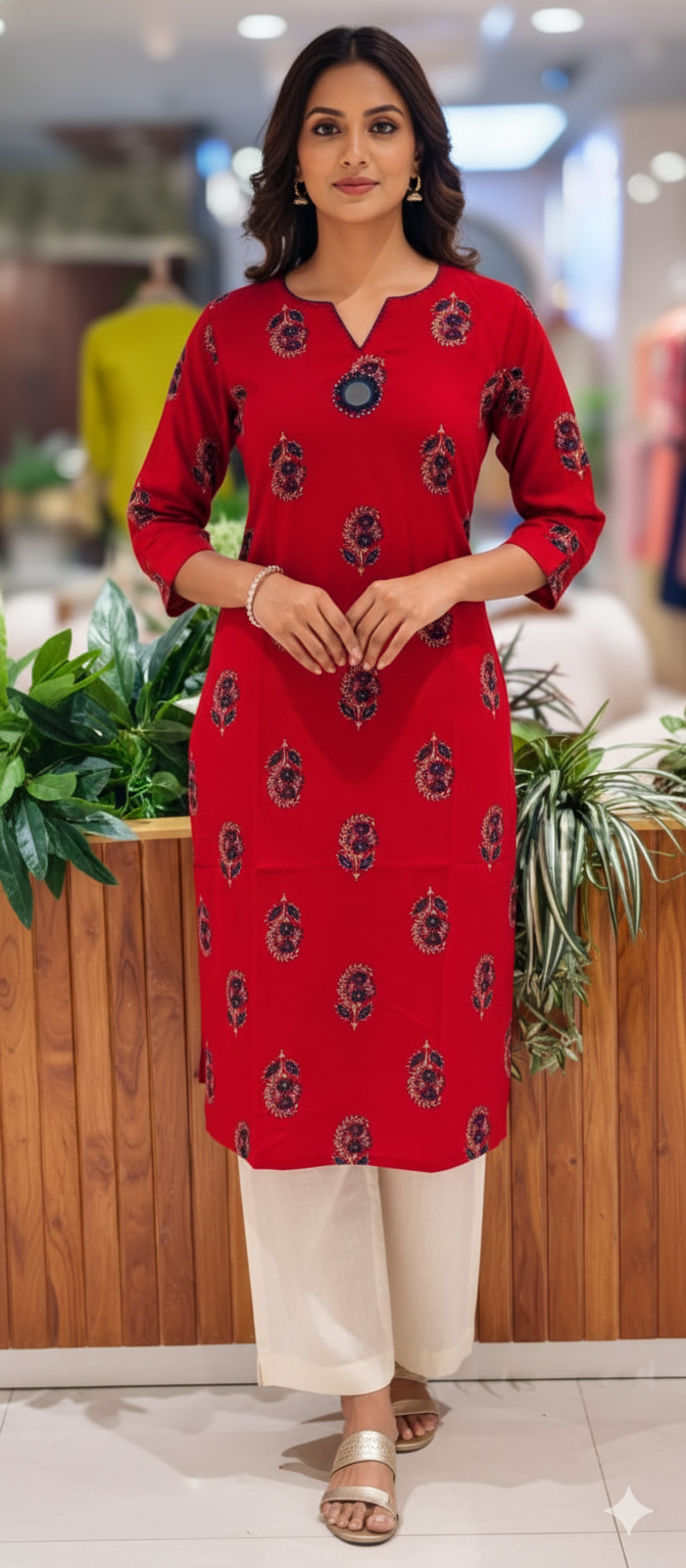 Banjara Bliss Printed V-Notch Neckline Printed A-Line Kurti Only-13523