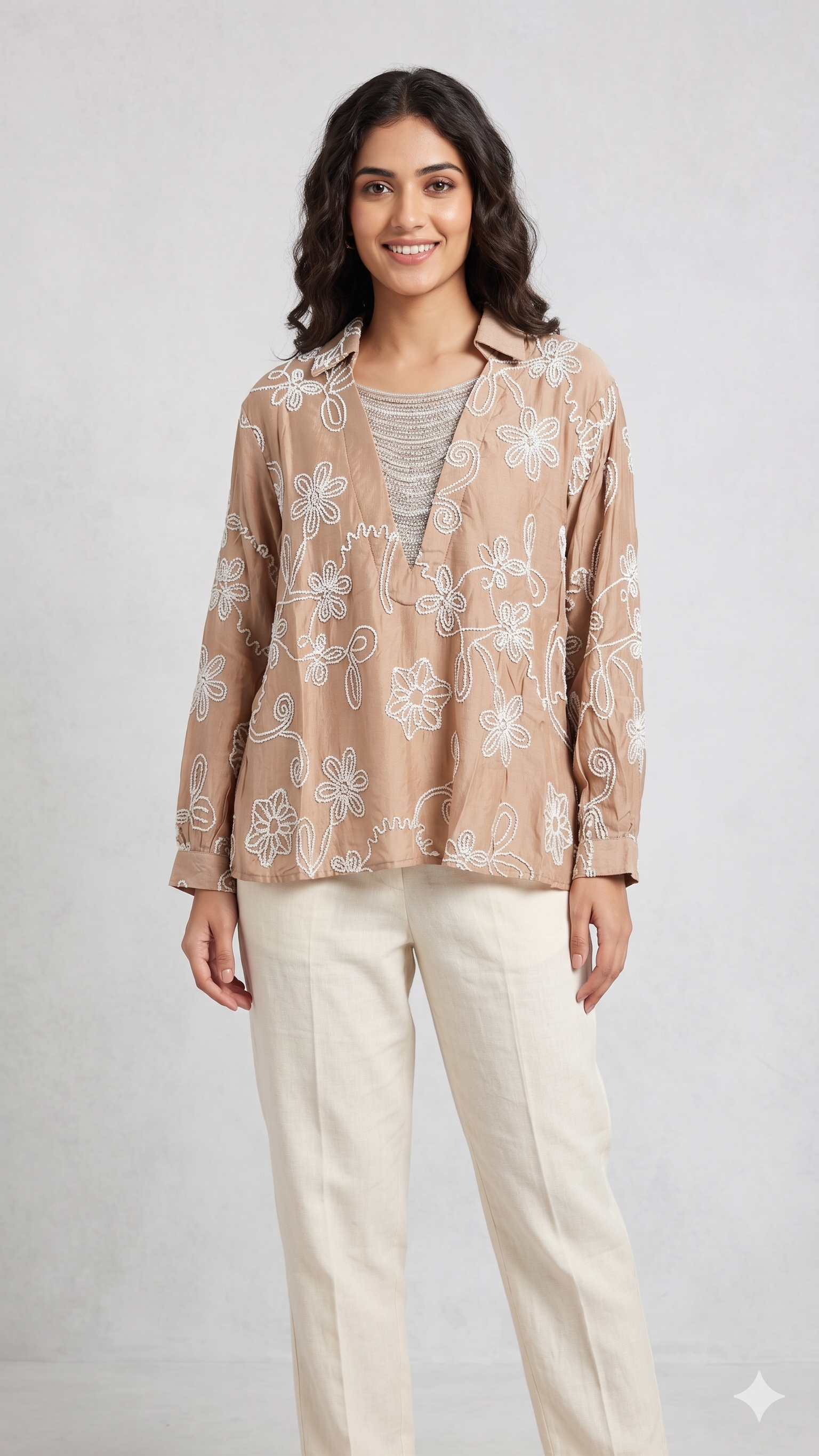 Imported Butter Sheer Embroidered Jewel Stone Hangs Premium Western Tops- 14764