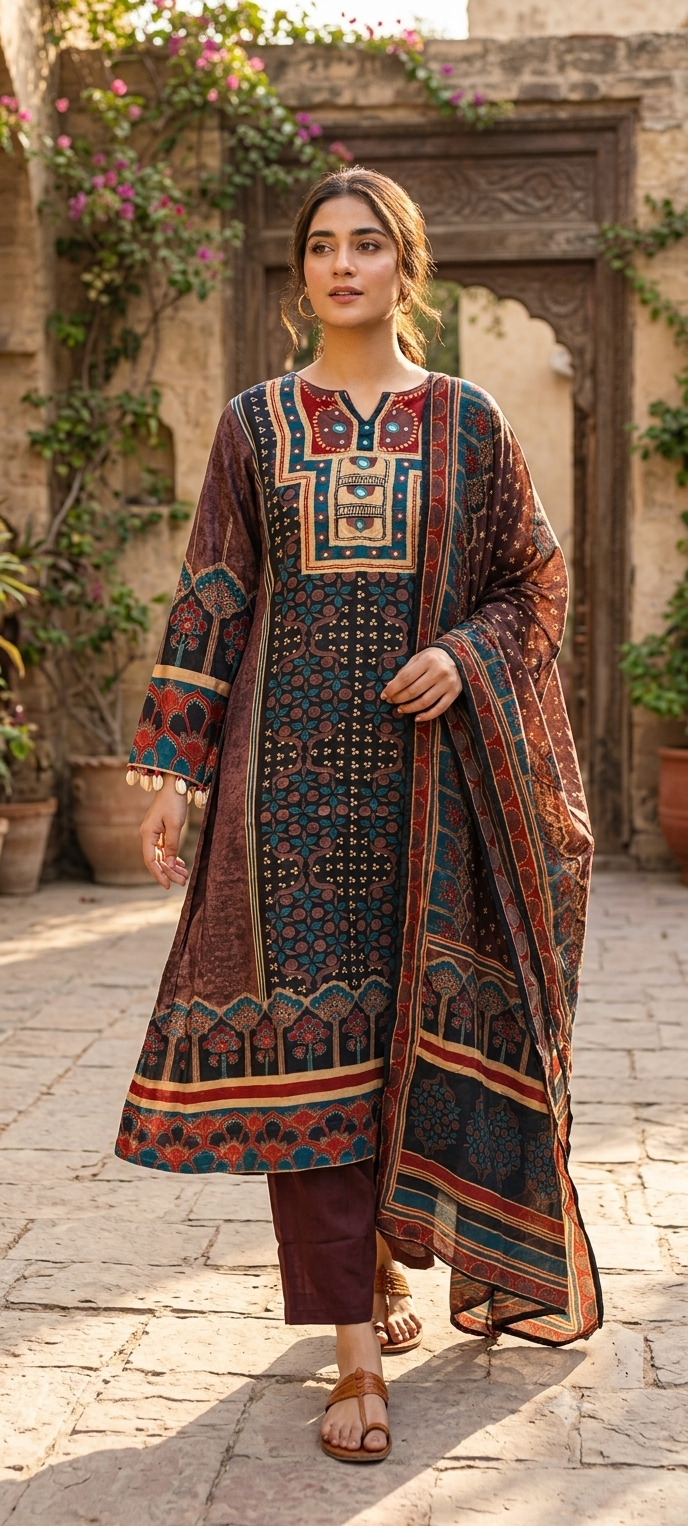 Bold Shades Ajrakh Print Real Mirror & Kodi Detailing Flowy Crepe A-Line Full Suit Set With Dupatta-  15264