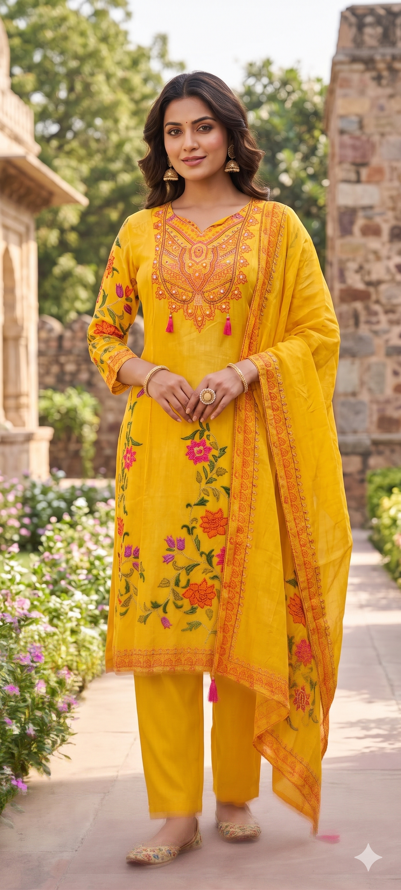 Mango Yellow Digital Floral Print Tassel Accent Crepe Full Suit Set With Dupatta- 13148