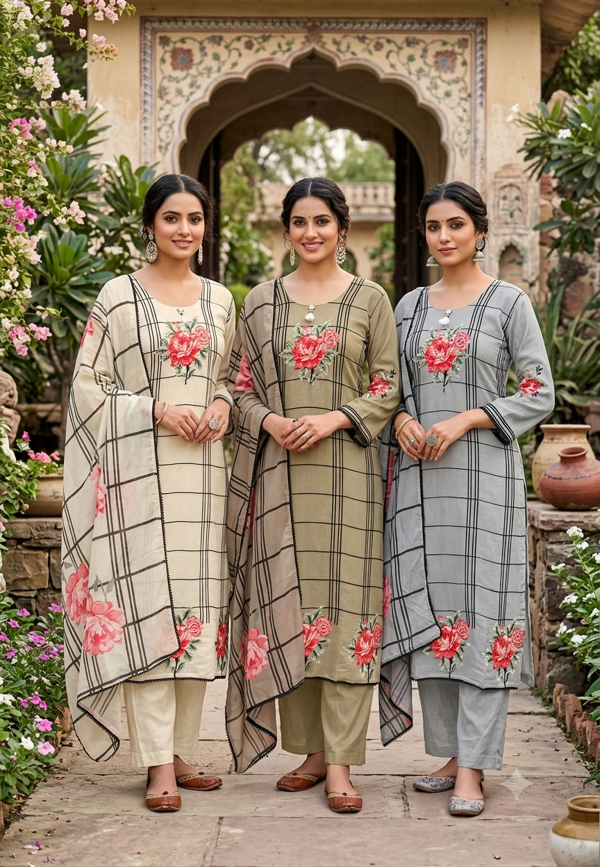 Fine Vibrant Floral Embroidery Checks Surat Mul-Chanderi Straight Full Suit Set With Dupatta- 16098