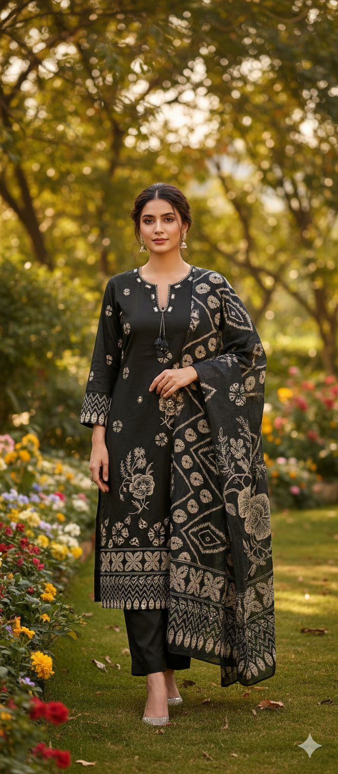 Handcrafted Kurta Pant Dupatta Set with Mirror Work Neckline, Floral Block Print, Zigzag Border Detailing & Elegant Tassel Tie-Up-13428