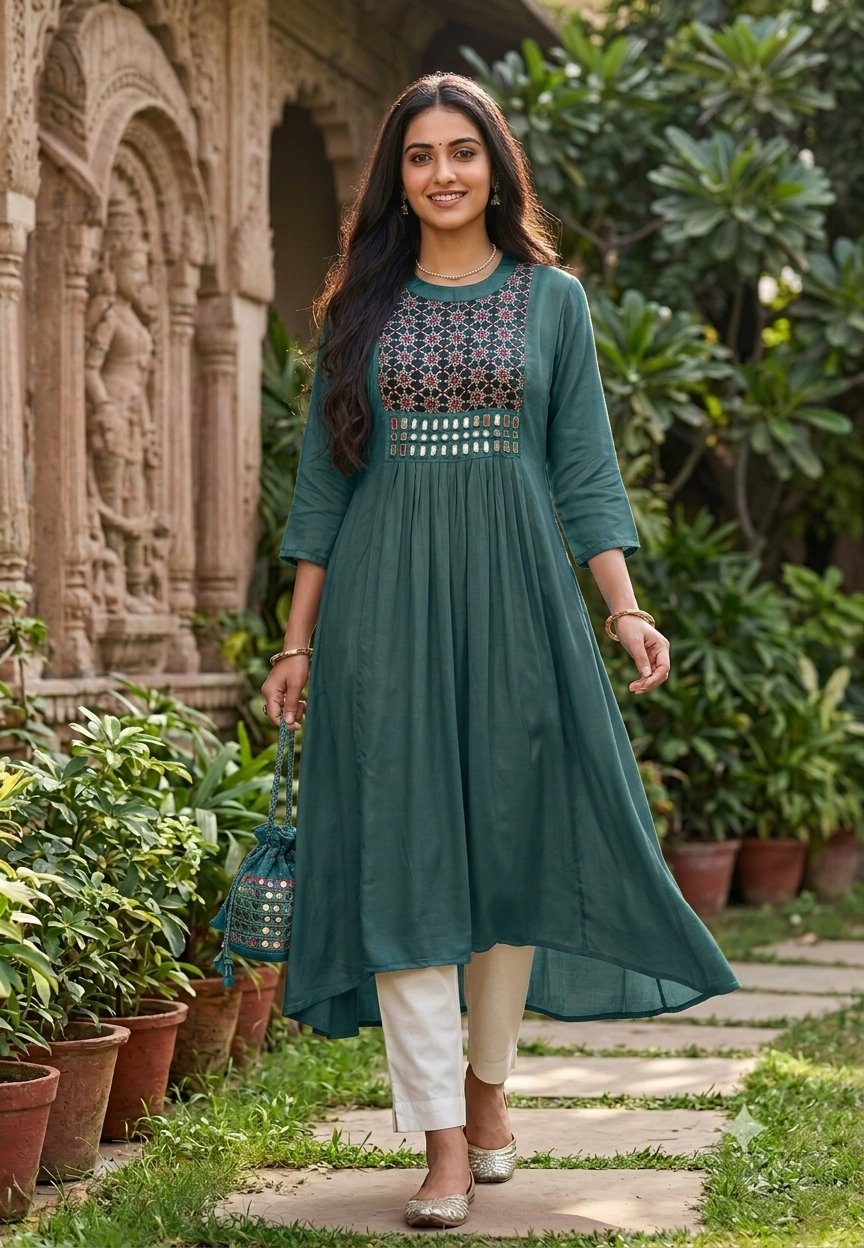 Stylish Modal Satin Kalamkari Patch Yoke With Real Mirror Work Ankle Length Frock Only-16652