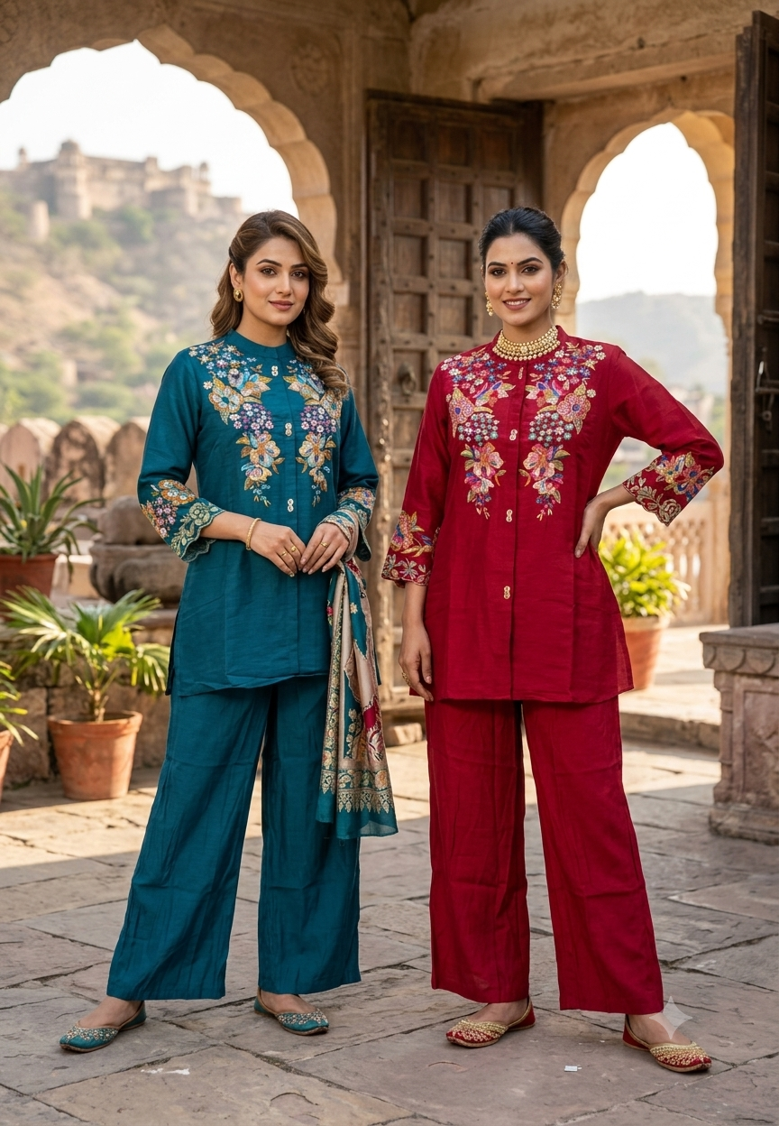 Premium Ruby Red And Blue Floral Embroidered Co-Ord Set with Wide-Leg Pants-16747