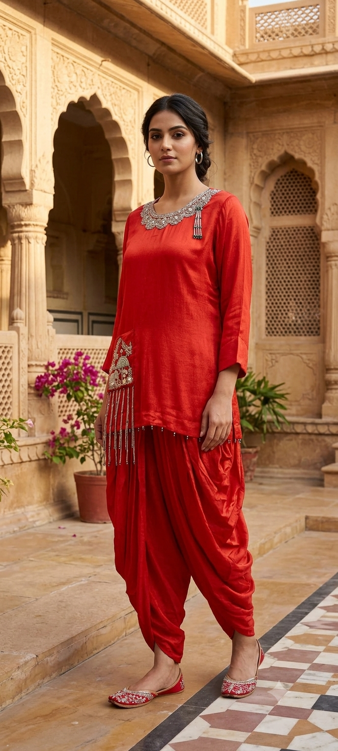 Blunt Orange Jaipuri Sequin Detailing Over Neck & Tasseled Pocket Chinon Indo-Wear- 15012