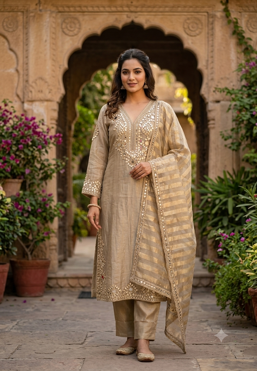 Heavy Premium Tissue Real Mirror Hand Embroidery Heavy Party Wear Full Suit Set With Striped Dupatta- 16867